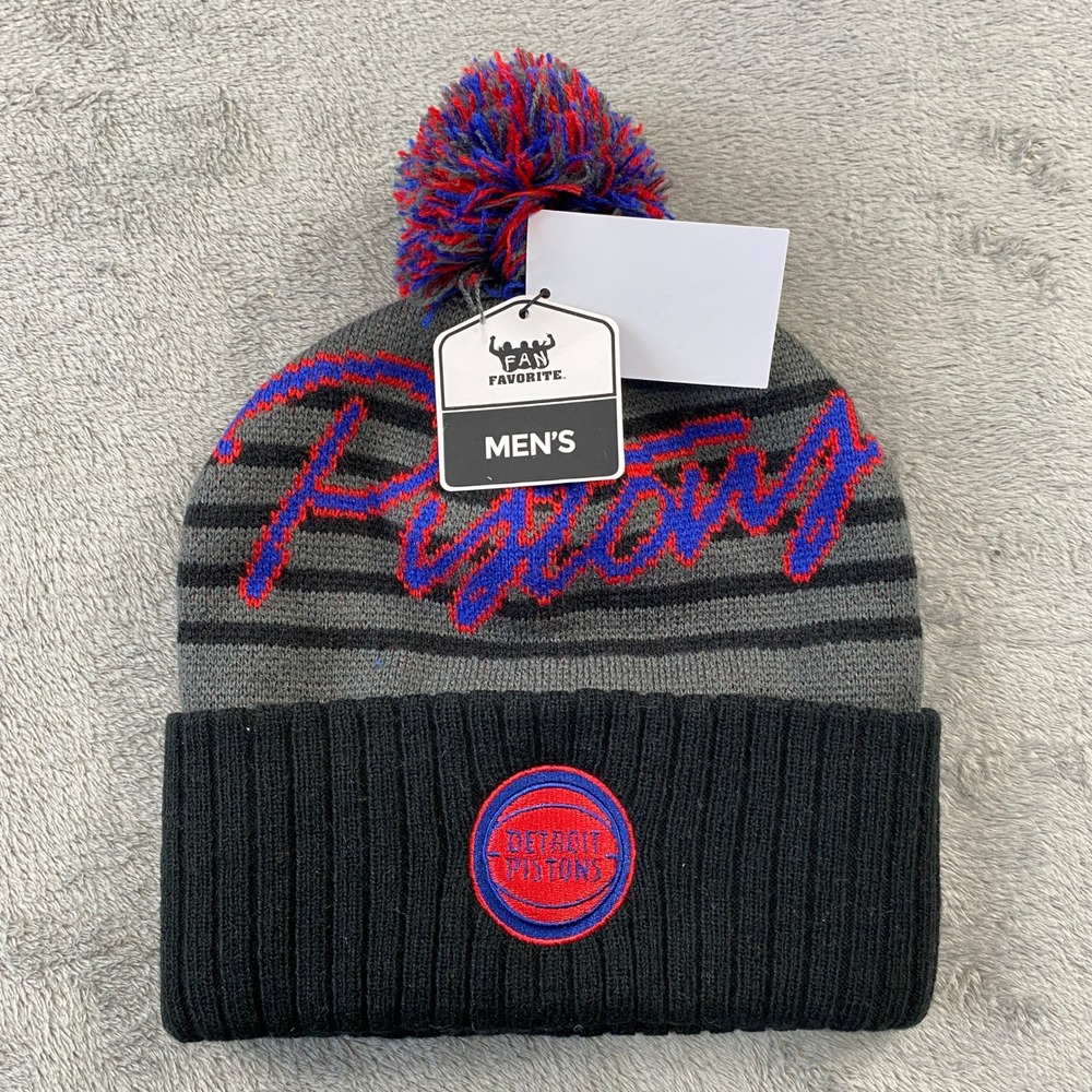 Detroit Pistons Fan Favorite Beanie Mens OSFA Black NBA Striped Pom Knit Hat